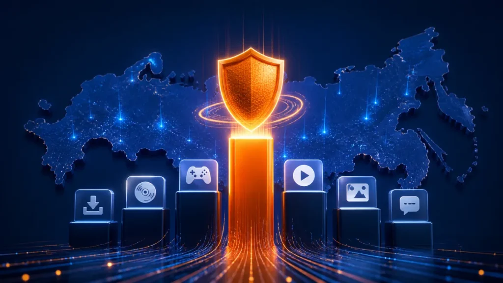 Escudo antivirus en el primer puesto de descargas sobre un mapa digital de Rusia