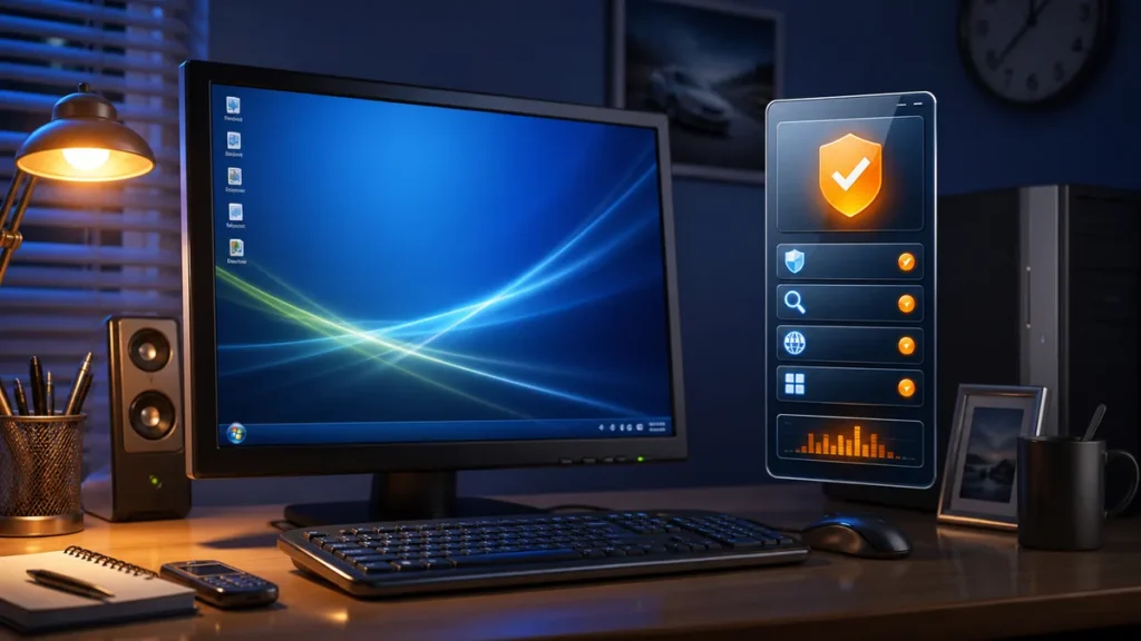 Escritorio de la época de Windows Vista con un gadget de seguridad antivirus