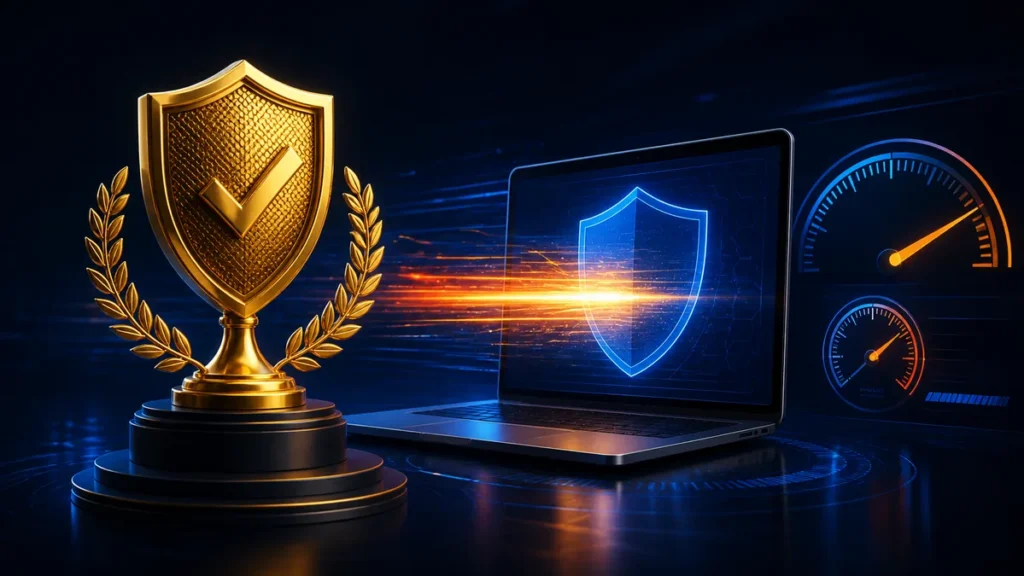 Trofeo dorado junto a un ordenador durante un análisis antivirus rápido