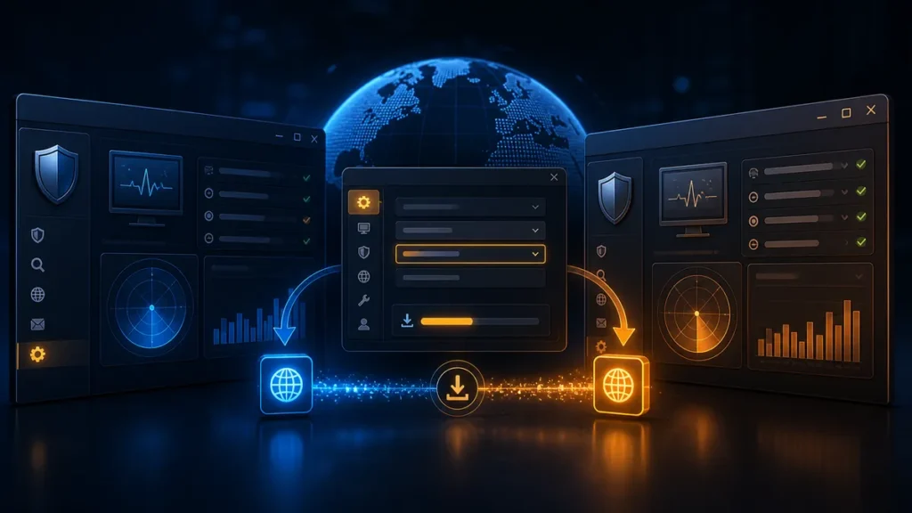 Panel de configuración descargando un paquete de idioma para cambiar la interfaz del antivirus
