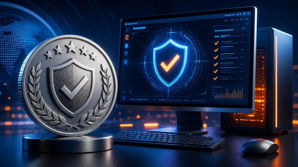 Medalla de certificación junto a un ordenador que supera una prueba antivirus