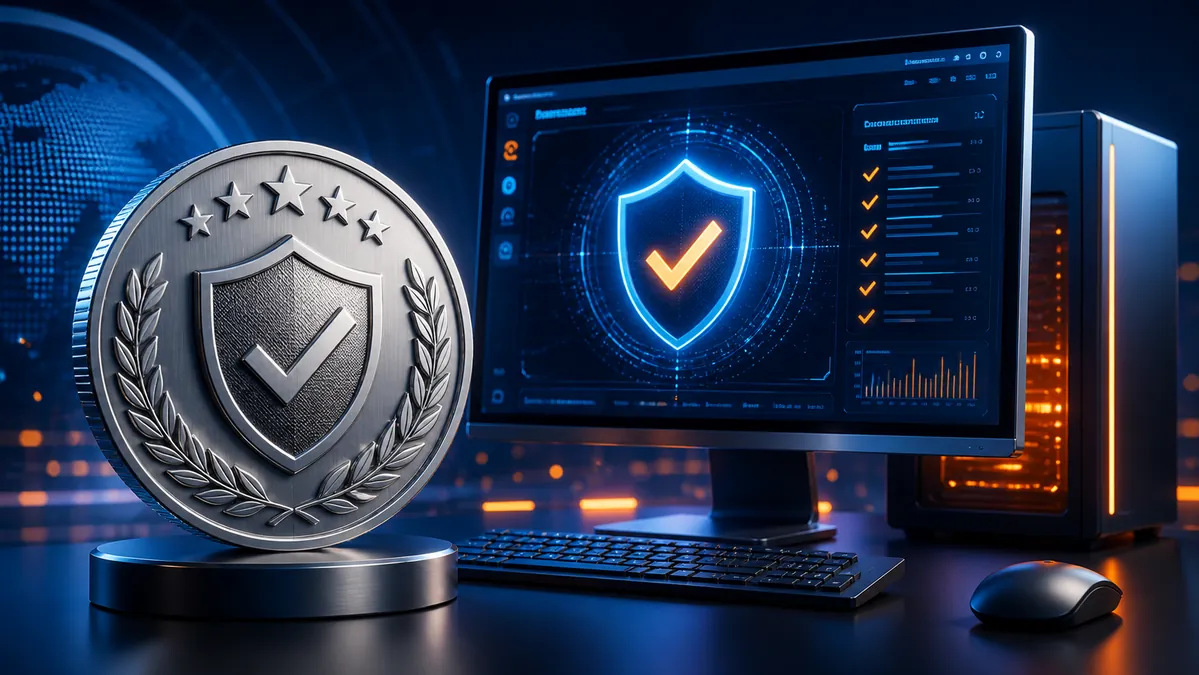 Medalla de certificación junto a un ordenador que supera una prueba antivirus