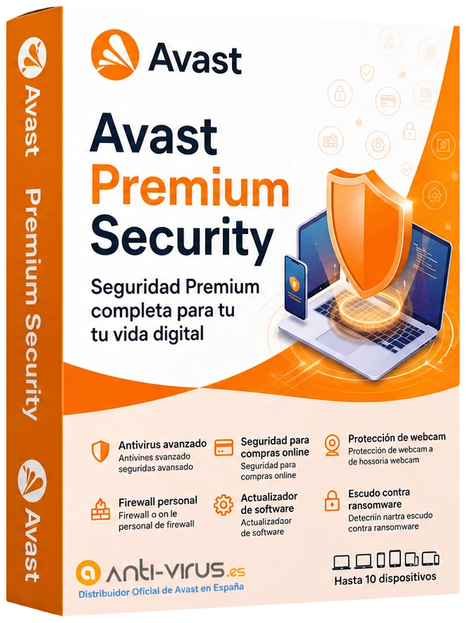 Caja de Avast Premium Security con protección de webcam, compras online, firewall y ransomware
