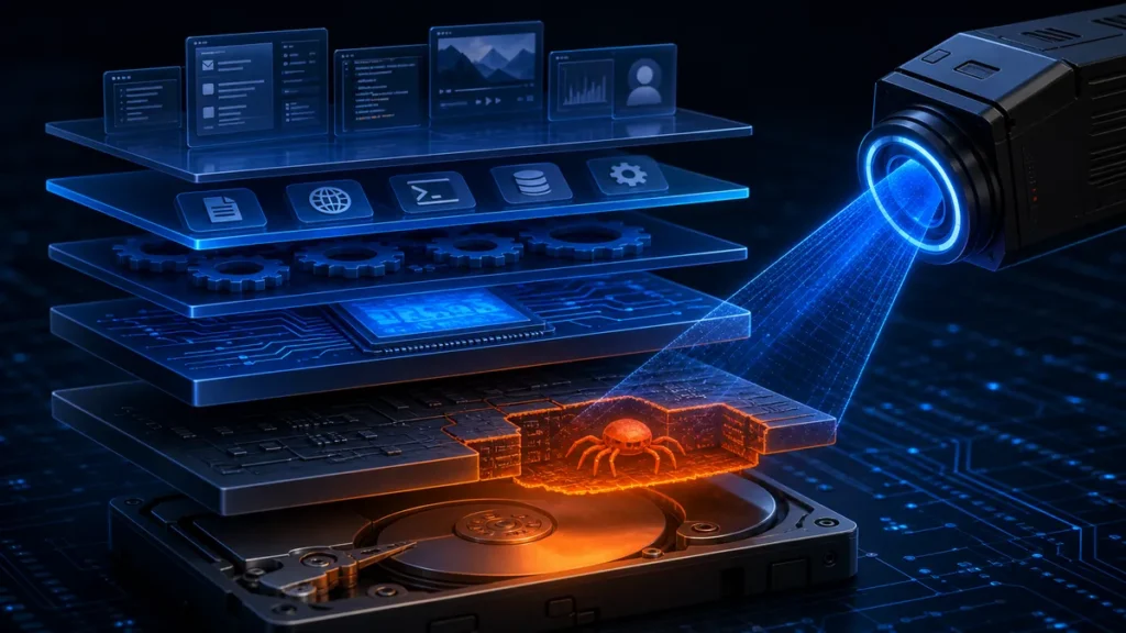Escáner de seguridad detectando un rootkit oculto en las capas inferiores del sistema