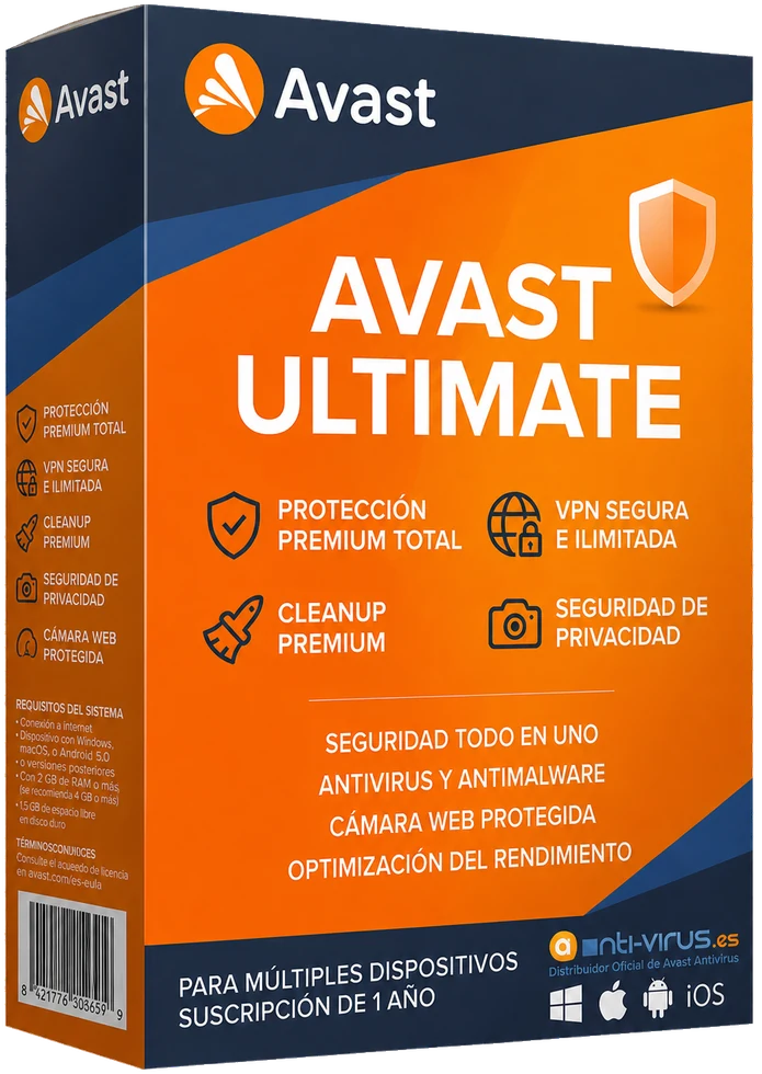 Caja de Avast Ultimate con el logotipo actual, VPN, privacidad y optimización para múltiples dispositivos