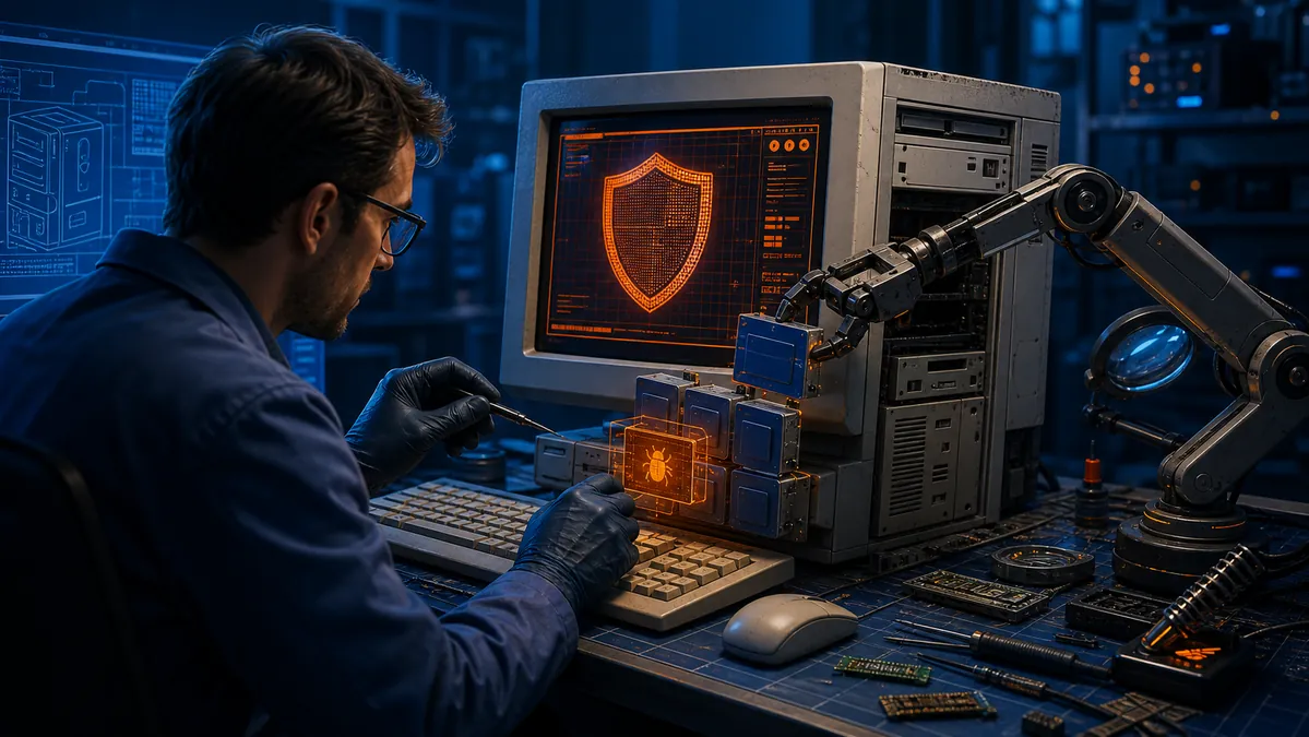 Técnico probando una actualización beta en un ordenador antiguo