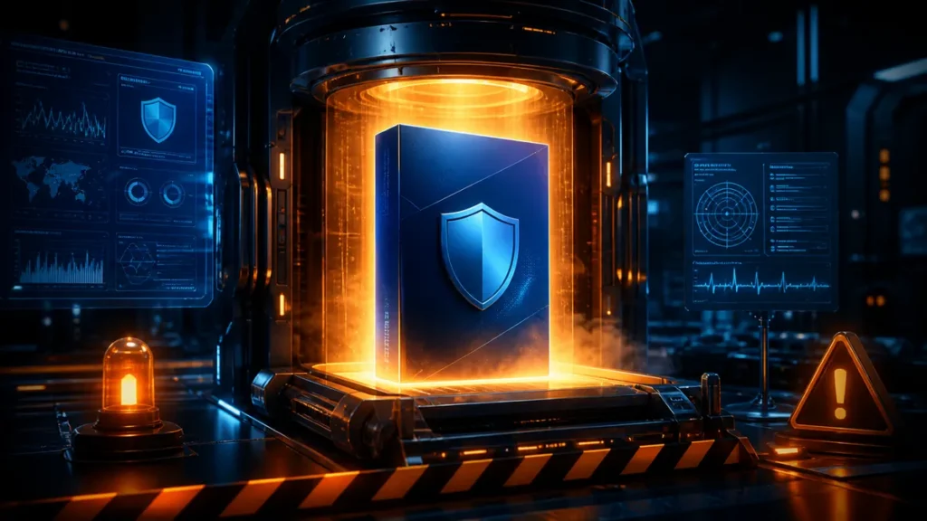 Paquete de antivirus dentro de una cámara de pruebas con señales de advertencia