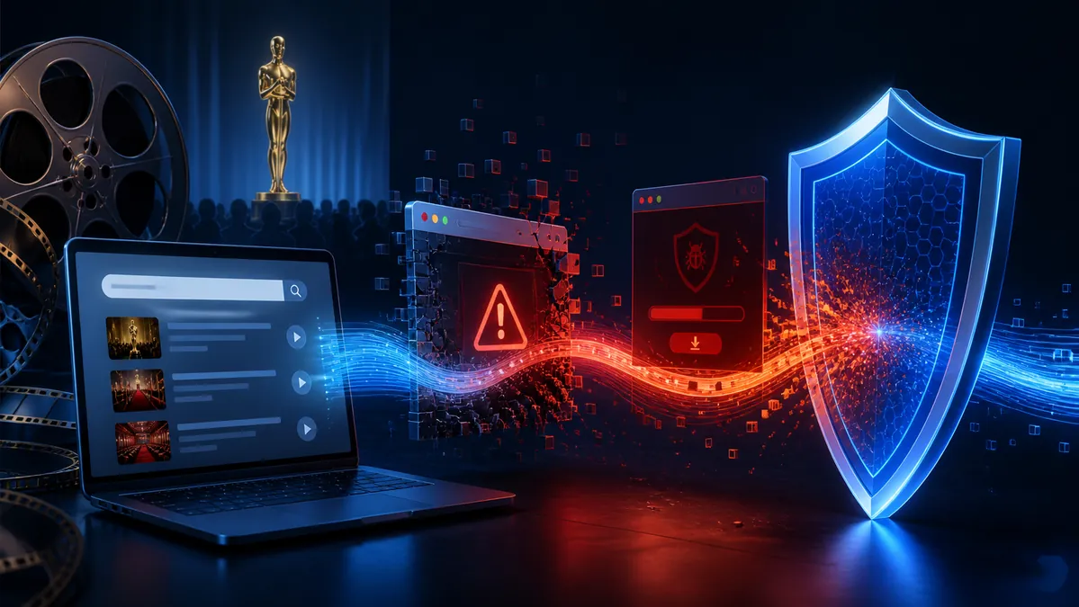 Resultados de una búsqueda relacionada con el cine redirigiendo hacia un falso antivirus bloqueado