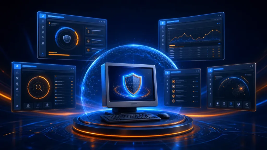 Ordenador protegido rodeado por cinco paneles de la interfaz de Avast 6