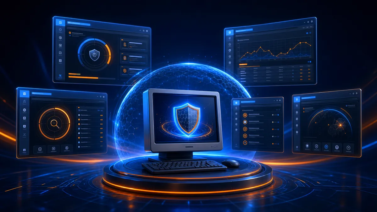 Ordenador protegido rodeado por cinco paneles de la interfaz de Avast 6