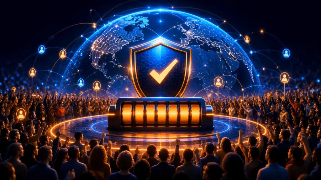 Comunidad mundial conectada celebrando alrededor de un gran escudo de protección digital