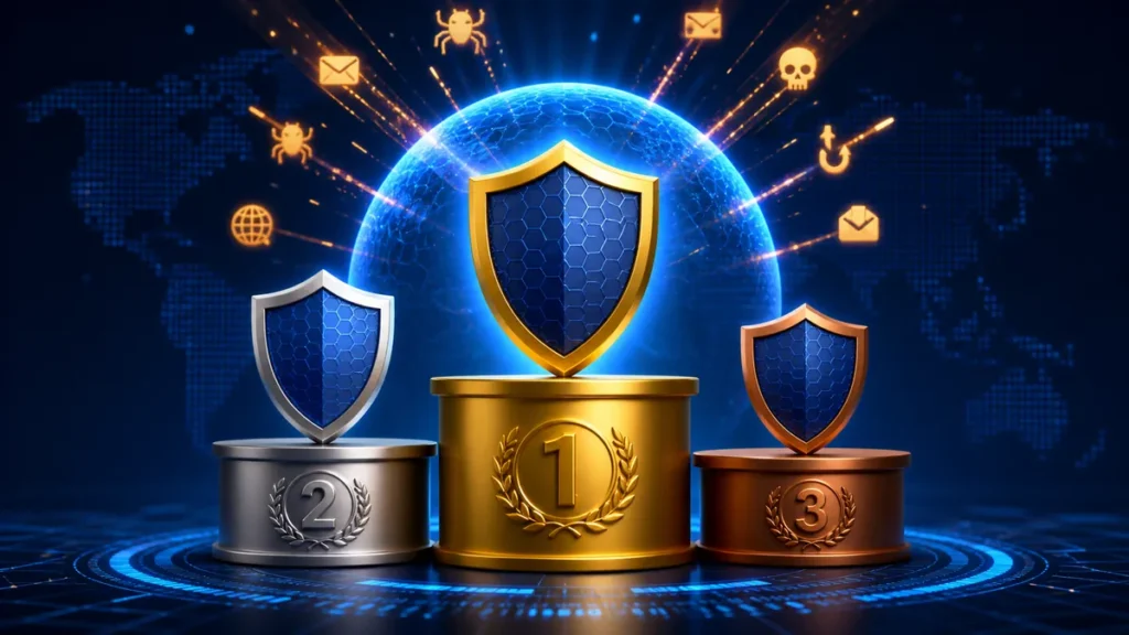 Podio de antivirus gratuitos con un escudo destacado en primer lugar