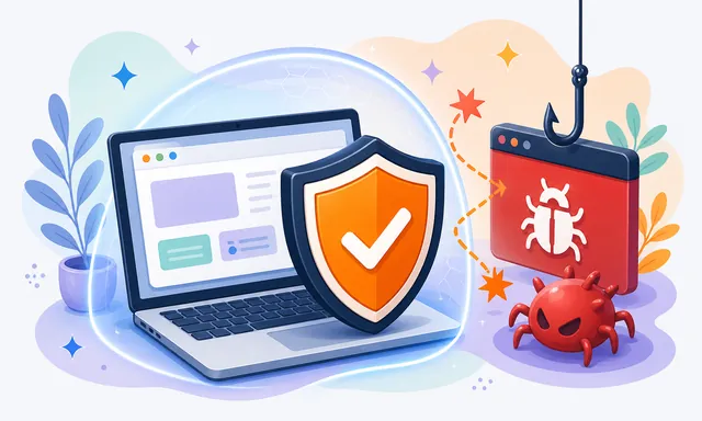 Portátil empresarial protegido frente a una web de phishing y una amenaza de malware