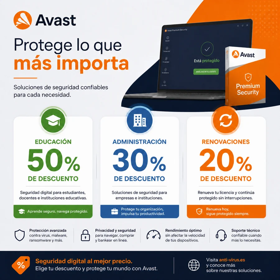 Descuentos Avast para educación, empresas, ayuntamientos, administración pública y renovación de licencias