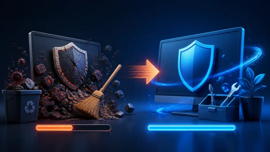Restos de una protección antigua eliminados antes de instalar un escudo antivirus limpio