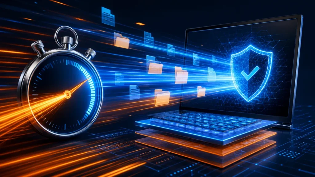 Cronómetro y archivos atravesando rápidamente un análisis antivirus