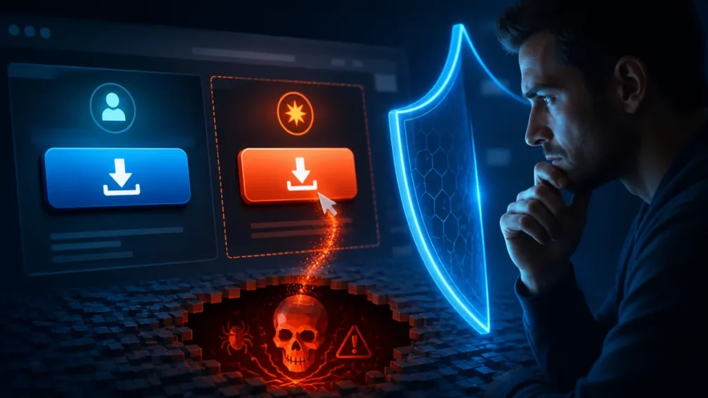 Usuario comparando un botón de descarga legítimo con otro fraudulento que oculta malware