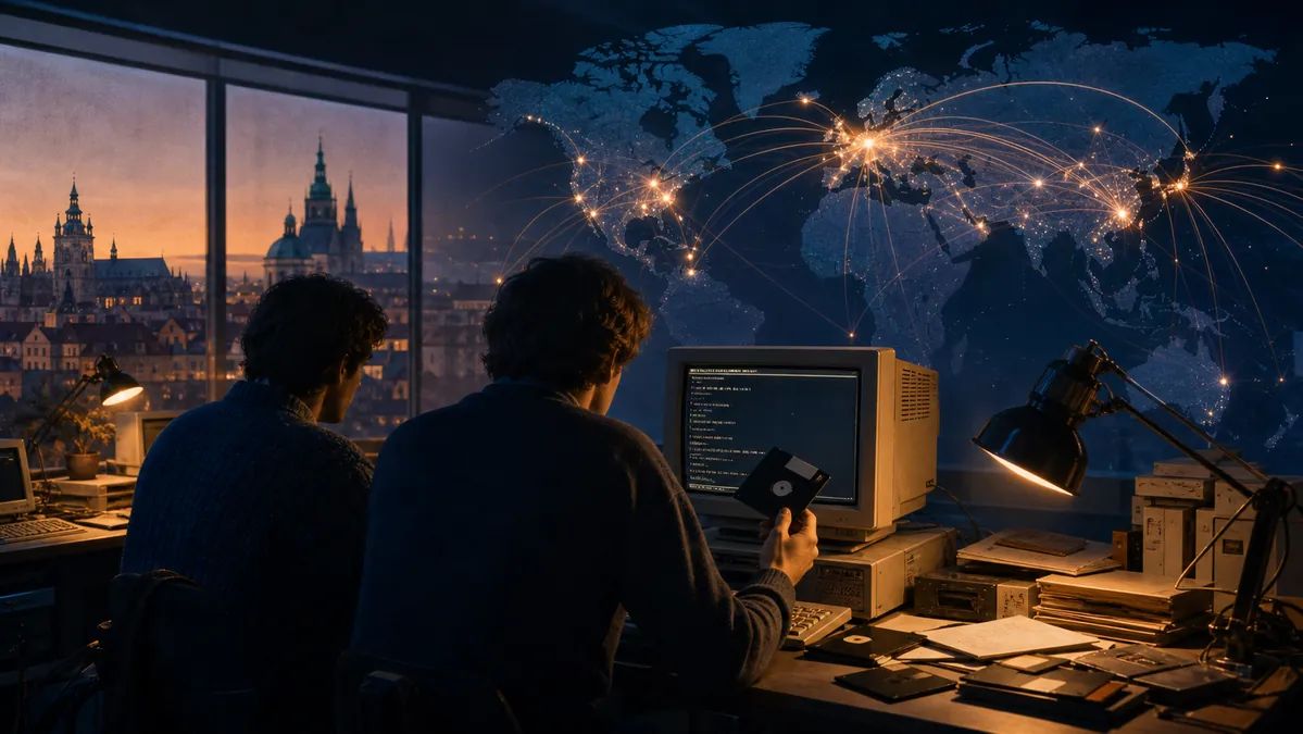 Dos pioneros de la informática trabajando con un ordenador antiguo en Praga