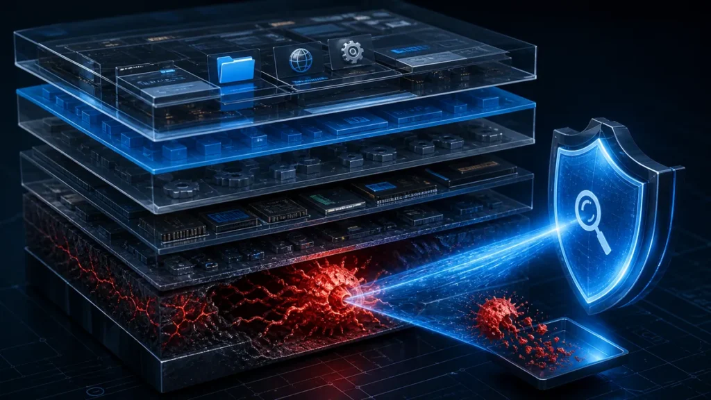 Escáner de seguridad descubriendo un rootkit bajo varias capas del sistema operativo