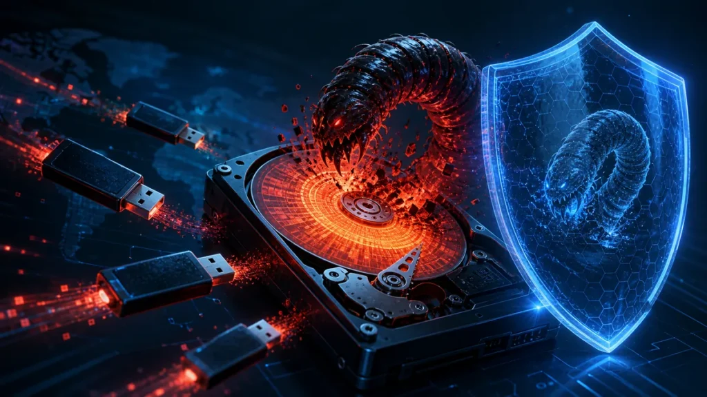Gusano informático propagándose por memorias USB y atacando el sector de arranque de un disco