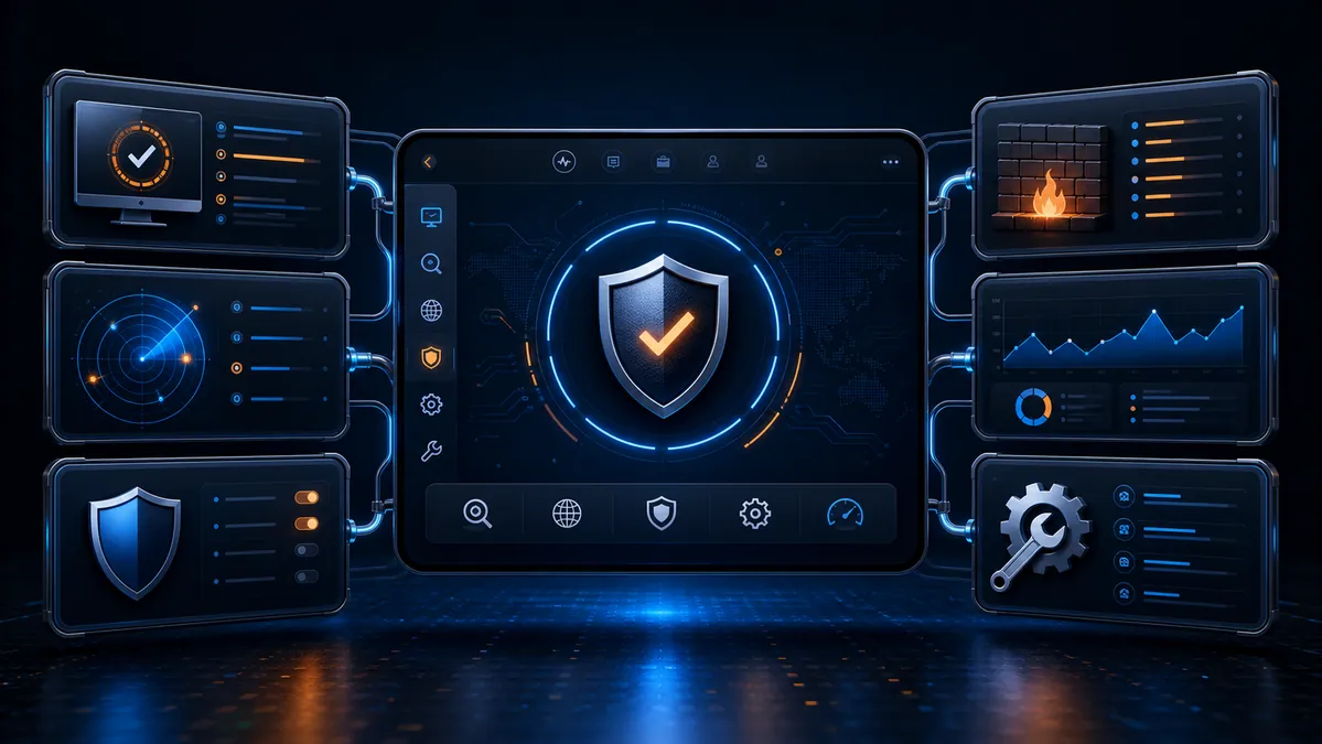 Panel central de antivirus conectado con secciones de análisis, escudos, cortafuegos y mantenimiento