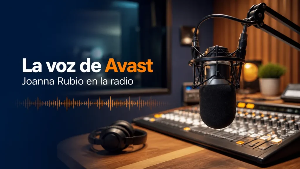 Micrófono de estudio durante una entrevista a Joanna Rubio, voz de Avast en español