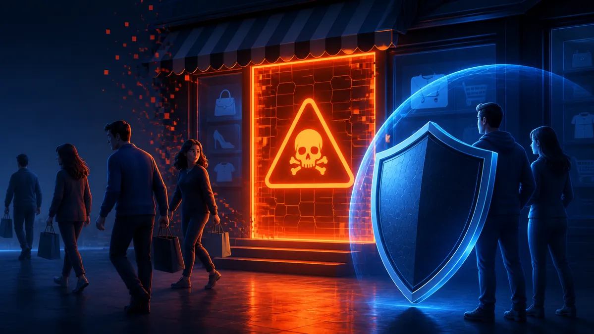 Compradores alejándose de una tienda online infectada mientras un escudo los protege