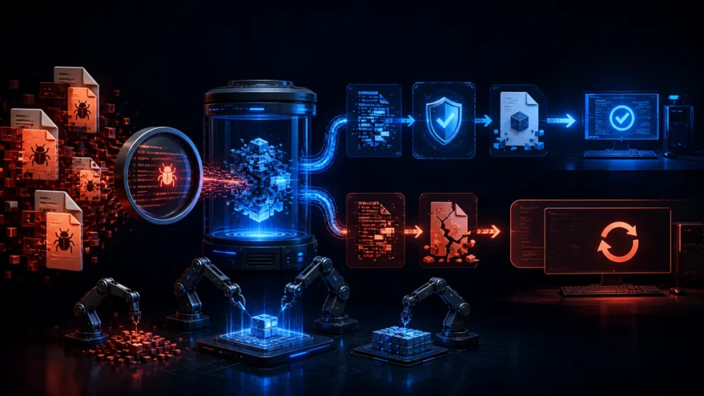 Motor antivirus reparando archivos infectados y separando los que requieren reinstalación