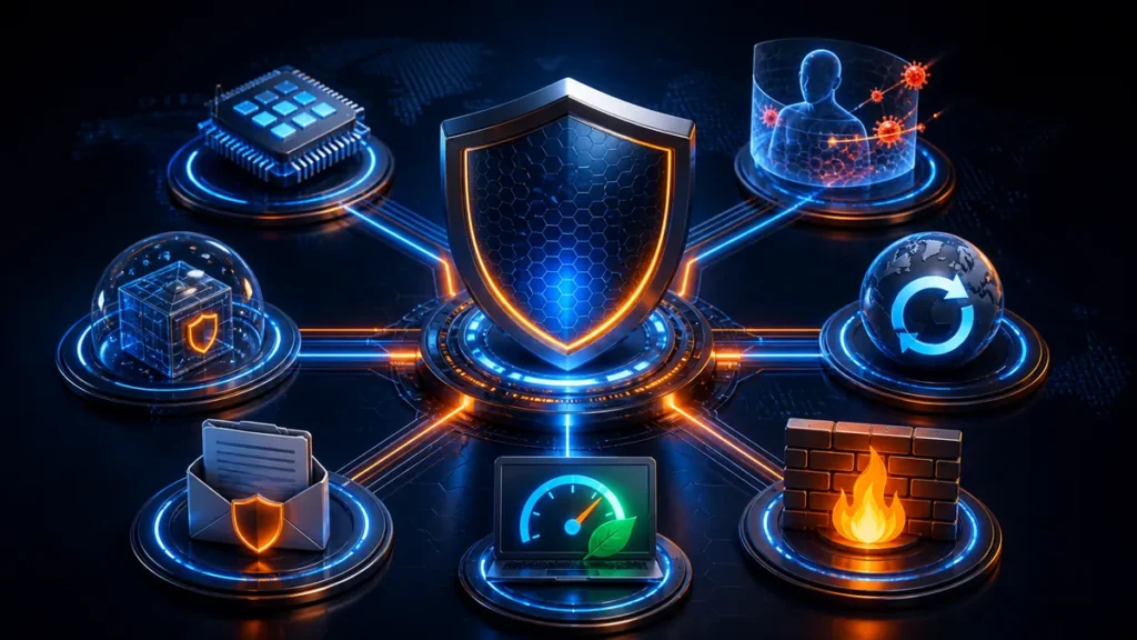 Escudo antivirus conectado con módulos de comportamiento, sandbox, correo, cortafuegos y análisis multicore