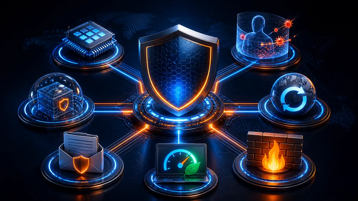 Escudo antivirus conectado con módulos de comportamiento, sandbox, correo, cortafuegos y análisis multicore