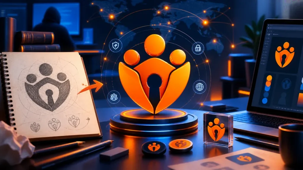 Proceso creativo de una identidad de ciberseguridad naranja basada en comunidad y protección