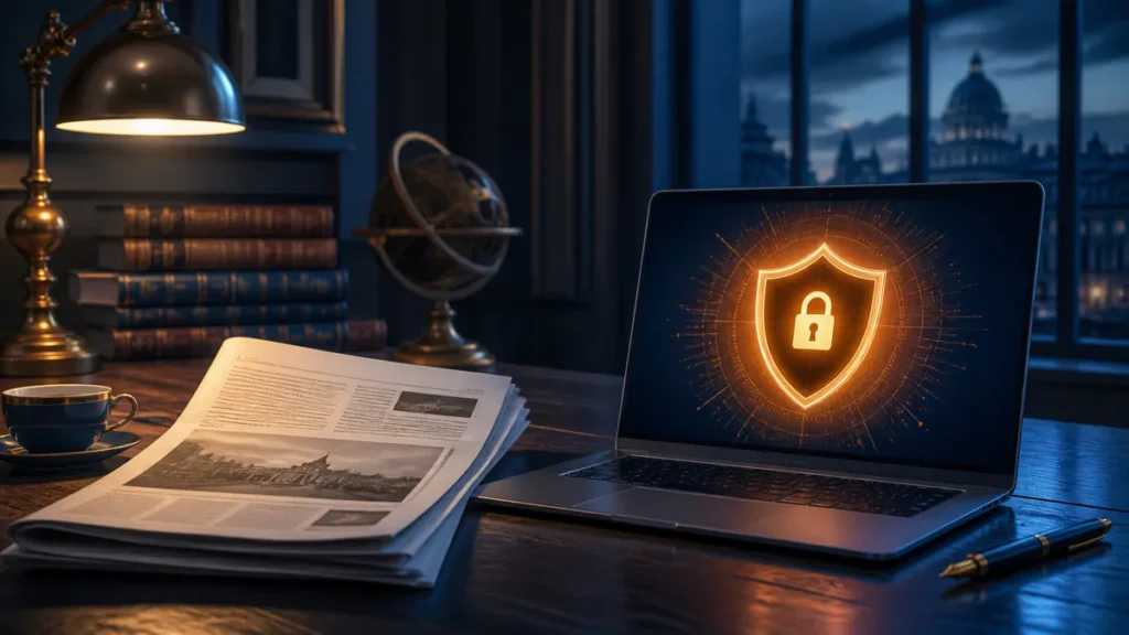 Periódico junto a un portátil protegido con antivirus