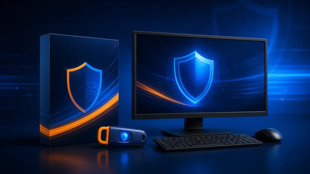 Ordenador protegido junto a una caja de seguridad y una única licencia digital