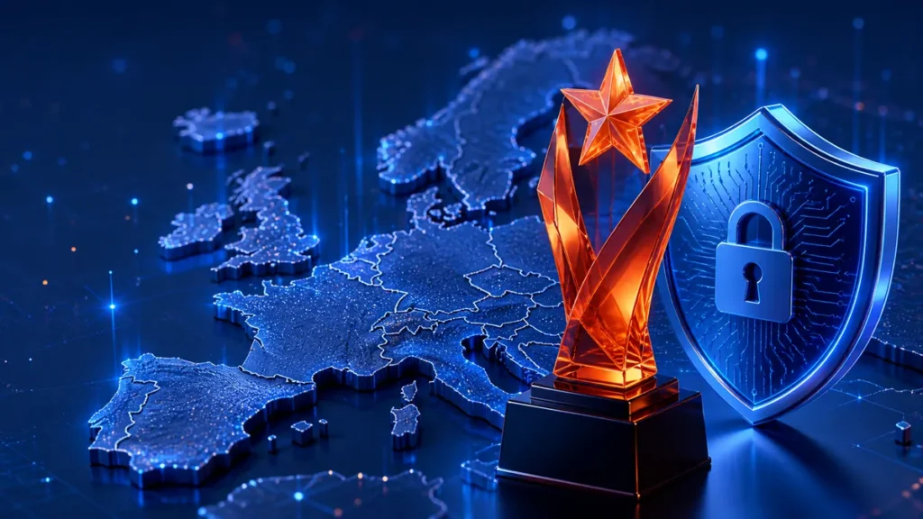 Trofeo tecnológico y escudo de ciberseguridad sobre un mapa de Europa