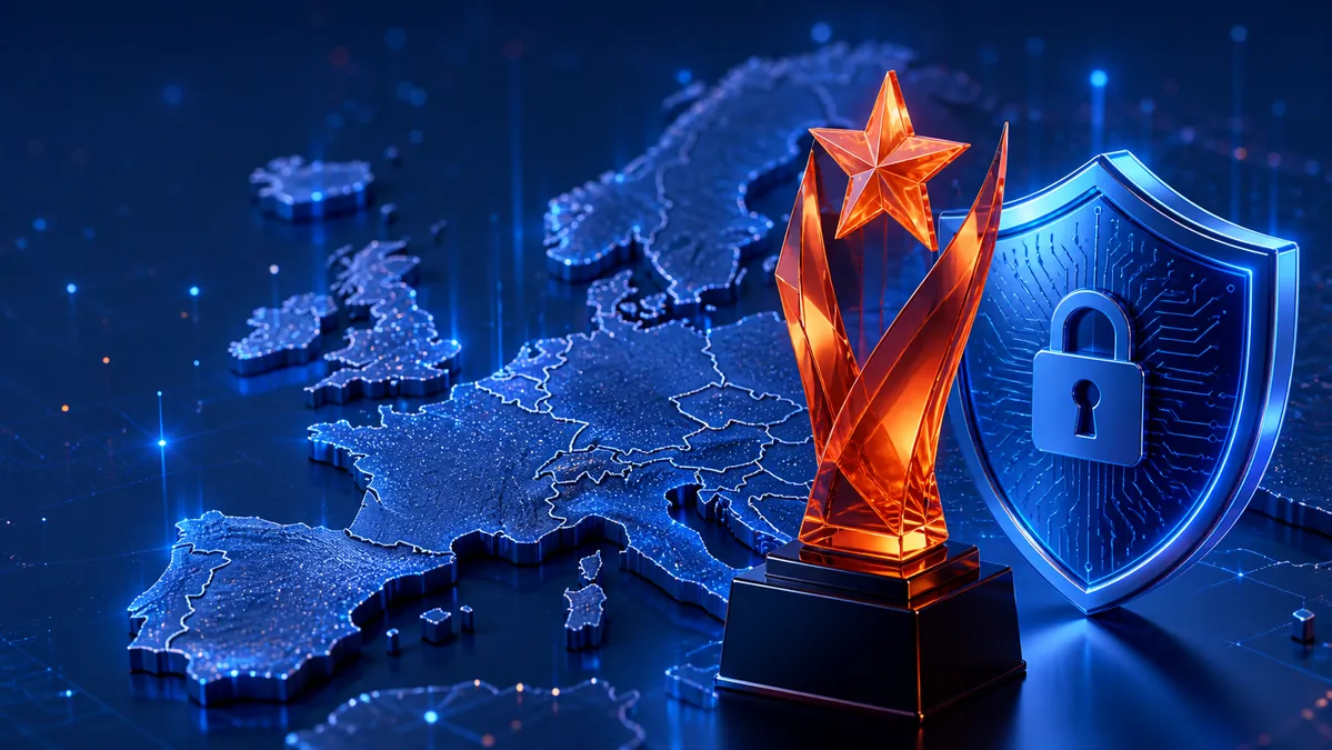 Trofeo tecnológico y escudo de ciberseguridad sobre un mapa de Europa