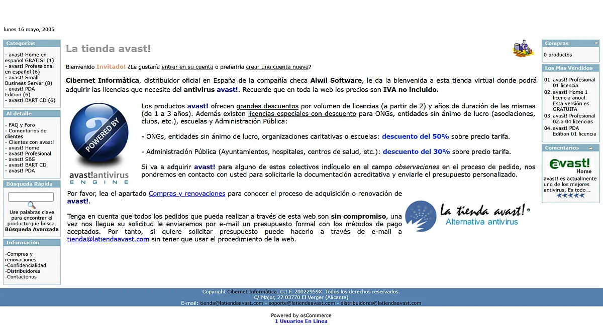 Interfaz original de la tienda online con catálogo de licencias Avast, descuentos educativos y navegación lateral