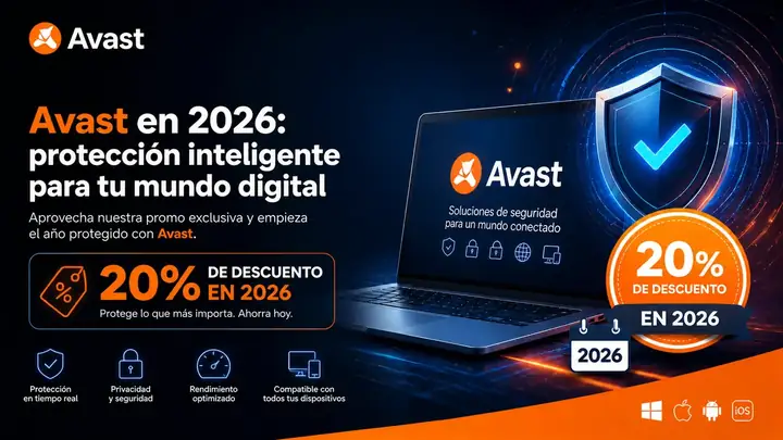 Panel de seguridad, escudo digital y compatibilidad multidispositivo de la promoción Avast Business 2026