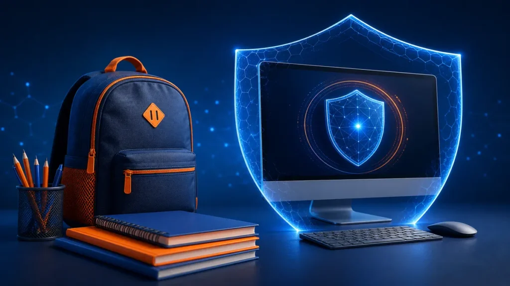 Mochila escolar y ordenador protegidos por un escudo digital