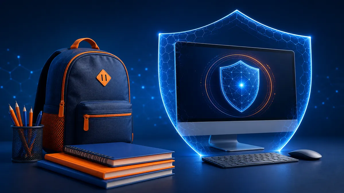 Mochila escolar y ordenador protegidos por un escudo digital