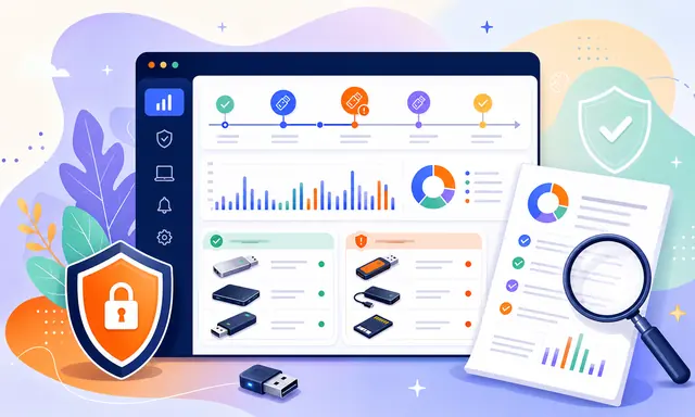 Panel de auditoría con eventos de conexión de dispositivos extraíbles y actividad registrada