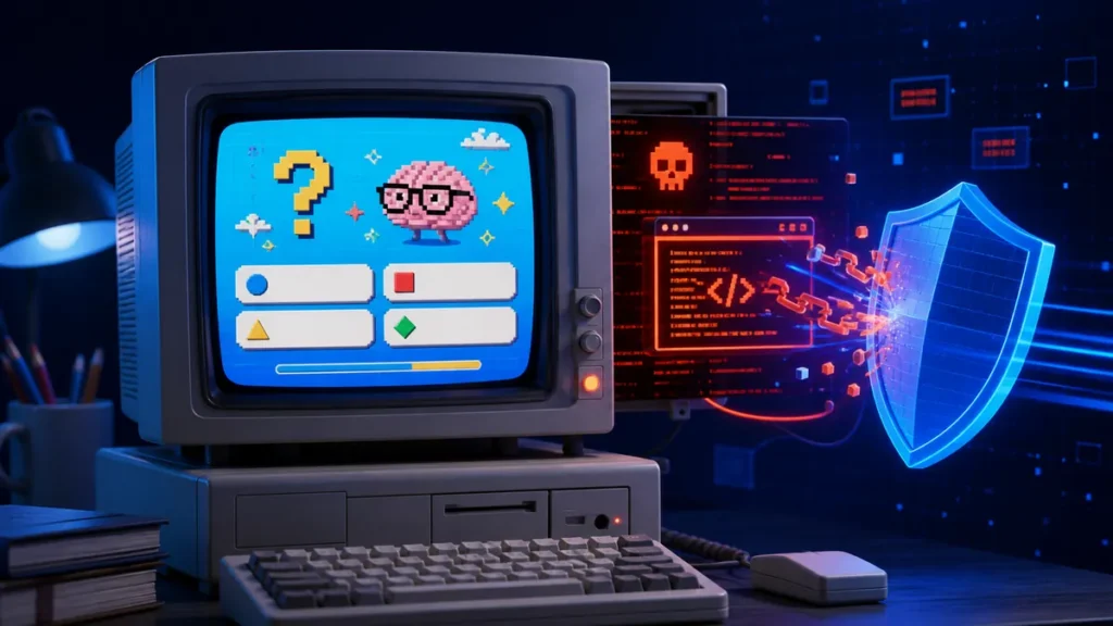 Test informático retro ocultando código malicioso bloqueado por un escudo