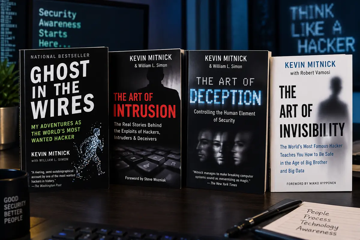 Libros de Kevin Mitnick Ghost in the Wires, The Art of Intrusion, The Art of Deception y The Art of Invisibility