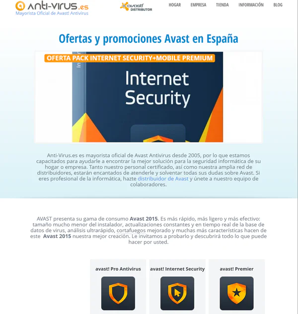 Página de Anti-Virus.es en marzo de 2015 con ofertas y productos Avast